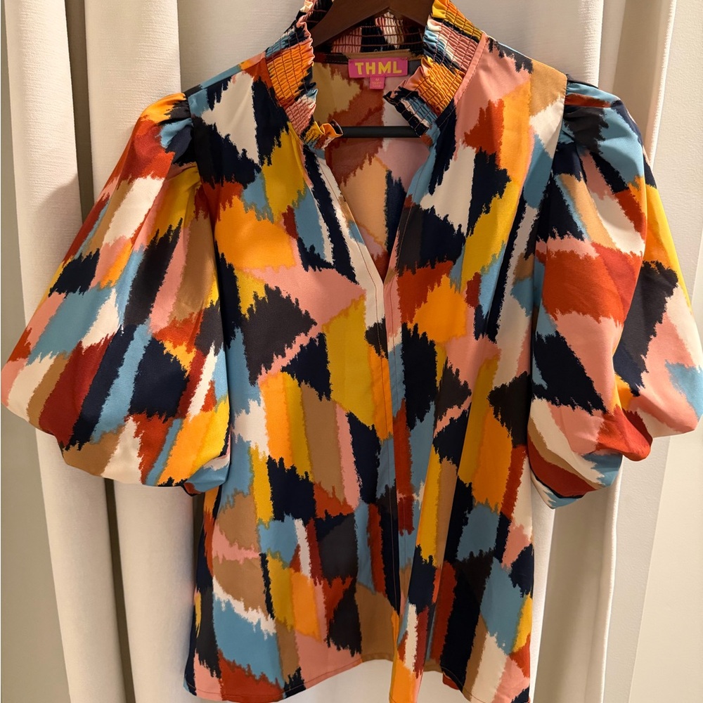 THML Colorblock Abstract Puff-Sleeve Blouse - Pink/Yellow/Blue/Black